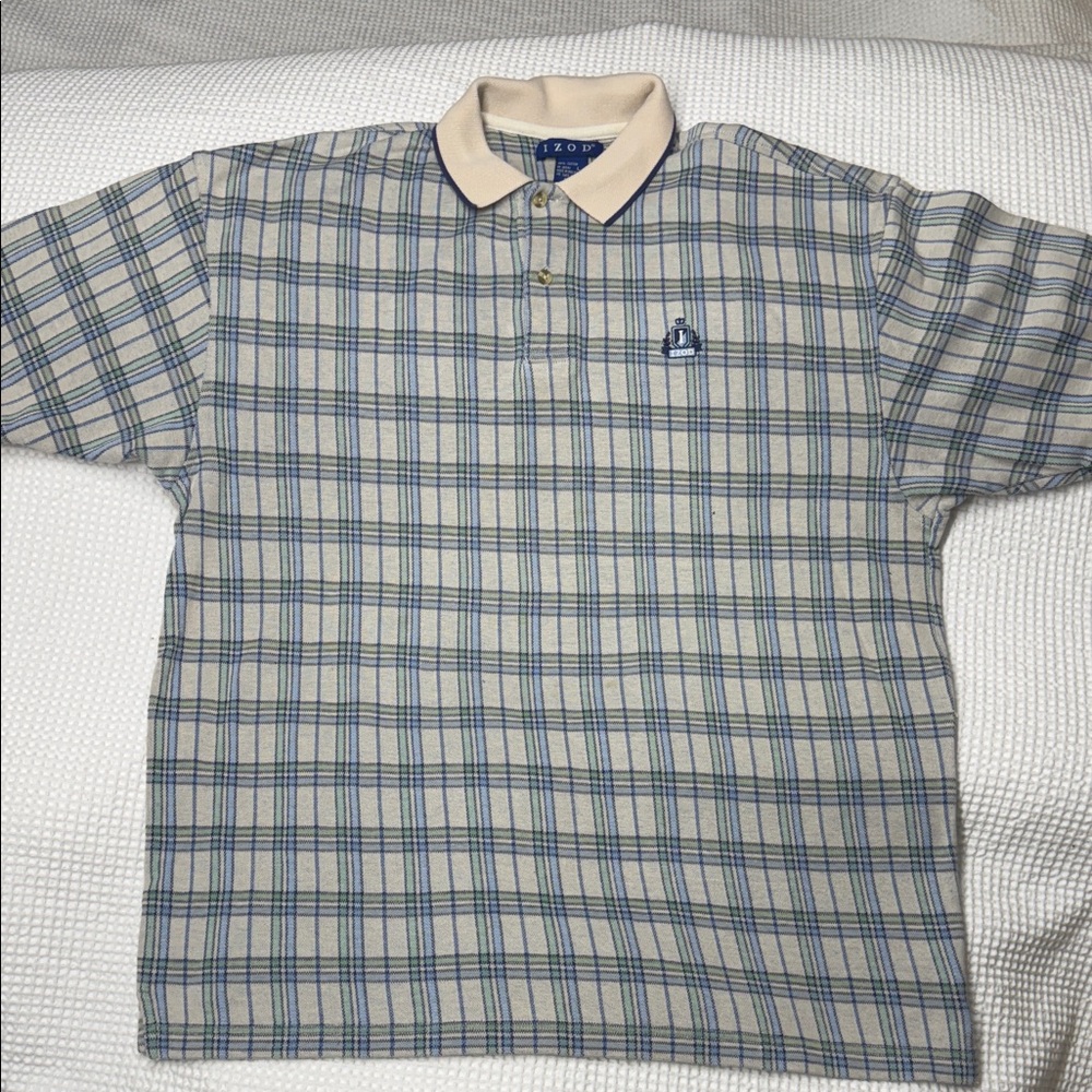 Izod Men's Polo Shirt with Blue and Cream Check Pattern - Large